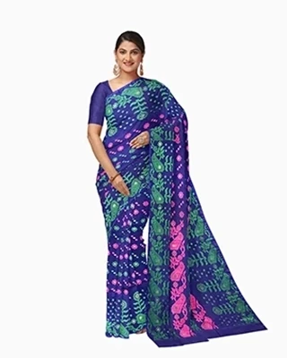 Neelanjoli Bloom – Navy Blue Printed Half Silk Saree with Green & Pink Accents
