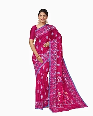 Vibrant Magenta Floral Embroidered Half-Silk Saree