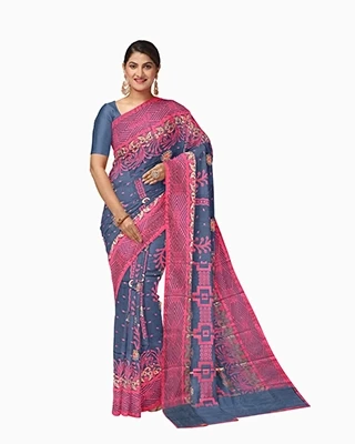 Dark Grey Blue & Rose Pink Half-Silk Saree