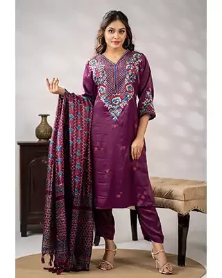 Elegant Wine Purple Three-Piece Swiss Velvet Fabric