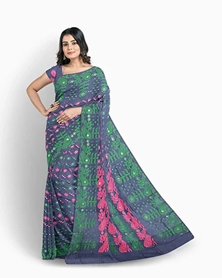 Mist Blue – Purple Half-Silk Saree with Pink & Green Motif Work