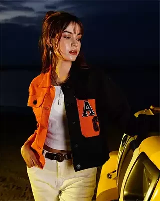 Black and orange color combination women’s denim jacket