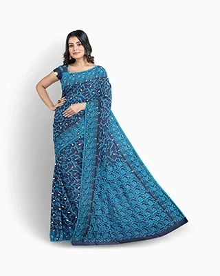 Flickere Outfit Half-Silk Saree: Dark Ash & Teal Floral Fantasy