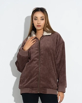 Alizeh Brown Corduroy Fur Jacket for Women