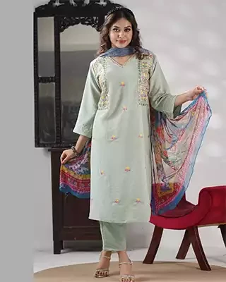 Mint Green Three-Piece Set with lurex Embroidery