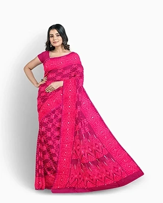 Bold Pink Geometric Charm – Flickere Outfit Half-Silk Saree