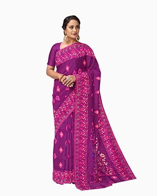 Flickere Outfit- Rich Violet Floral Half-Silk Saree