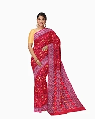 Flickere Outfit Red-Purple Floral Printed Half-Silk Saree with Contrast Border