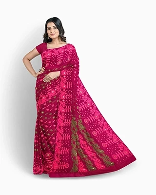 Rangrekha Ruby – Handloom Magenta Printed Half Silk Saree
