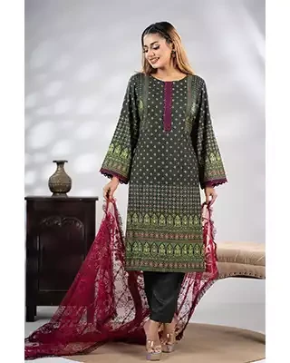Alizh Dark Green 3-Piece with Embroidered Dupatta