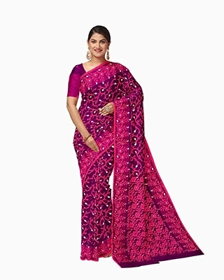 Flickere Outfit Royal Plum & Fuchsia Half-Silk Saree with Intricate Leaf & Floral Embroidery