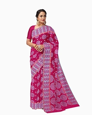 Elegant Vibrant Pink Sari with Geometric Patterns